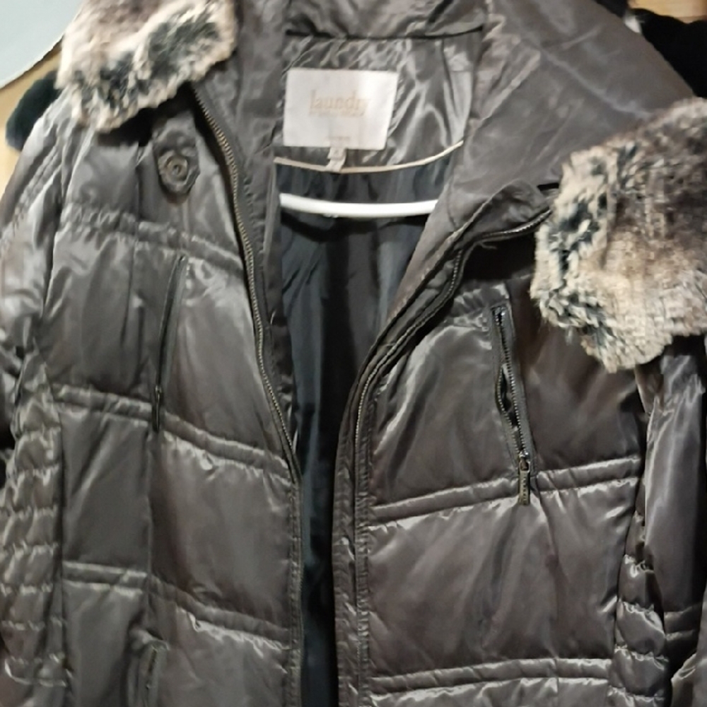 Laundry By Shelli Segal Women's Charcoal Puffer Jacket with Faux Fur